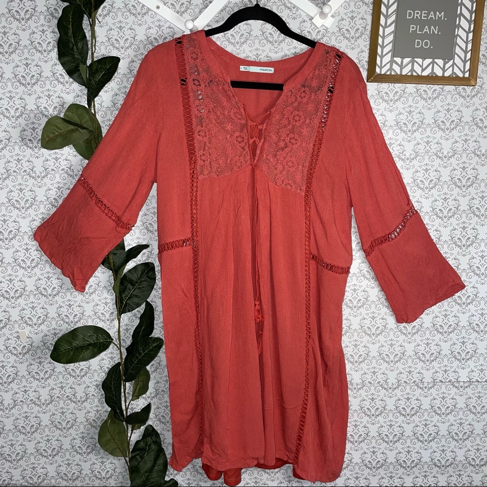 Maurices Boho dress large flowey cami liner neck tie cold shoulder cutout - Picture 4 of 11